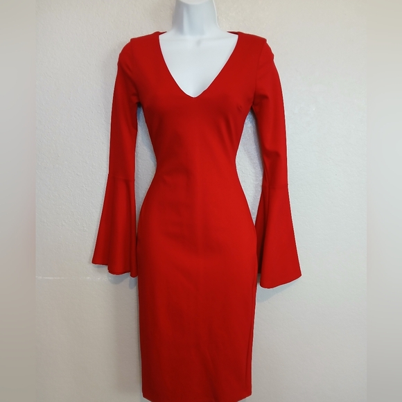 Just Me Red Long Flared Bell Sleeve Midi Pencil Dress Sheath Bodycon V Neck - Picture 2 of 7